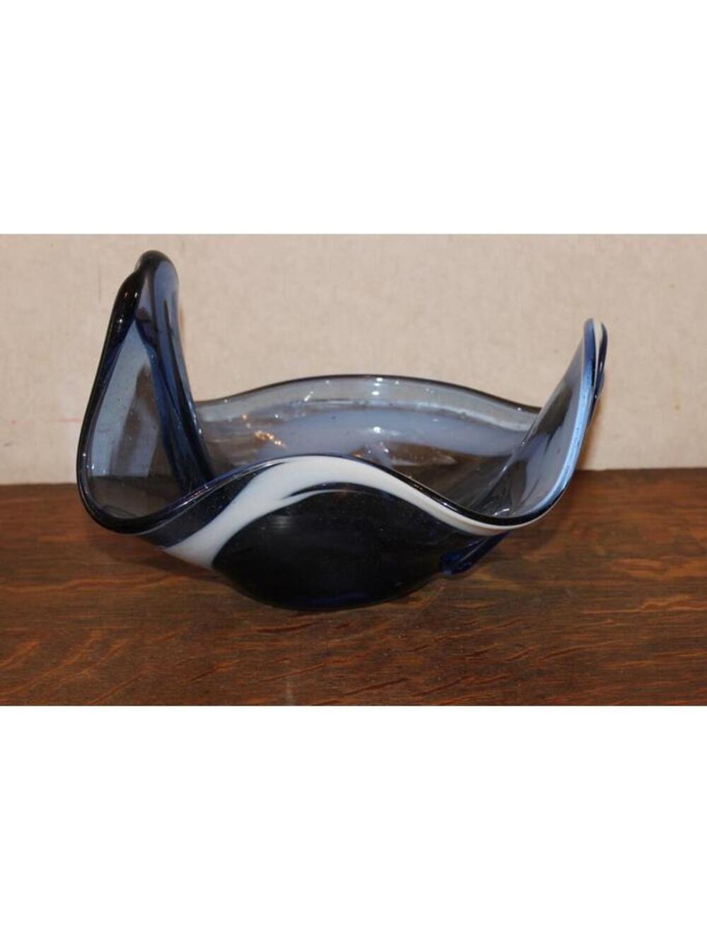 Vintage Art Glass Hand Blown Blue and White Large Freeform Bowl